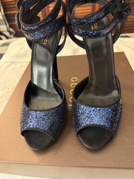 Gucci Shoes - Gucci Blue Glitter Open-Toe Ankle-Strap Heels